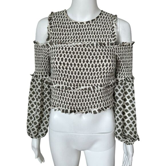 Silk Cinq a Sept Pascal Mini Medallion Blouse Small Smocked Off Cold Shoulder - Picture 1 of 13